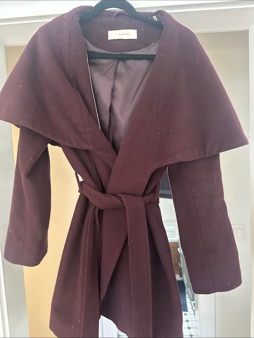 Tahari Belted Wrap Coat in Deep Burgundy